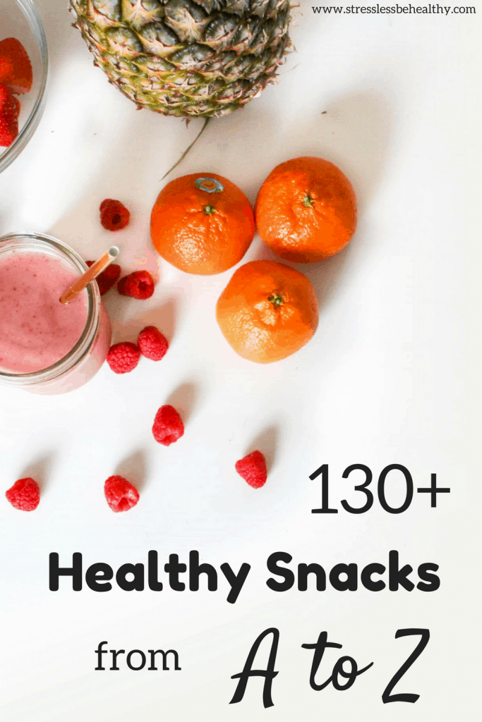 healthy alphabet snacks, smoothie and fruit pictured, leads to 130 snack ideas from a to z