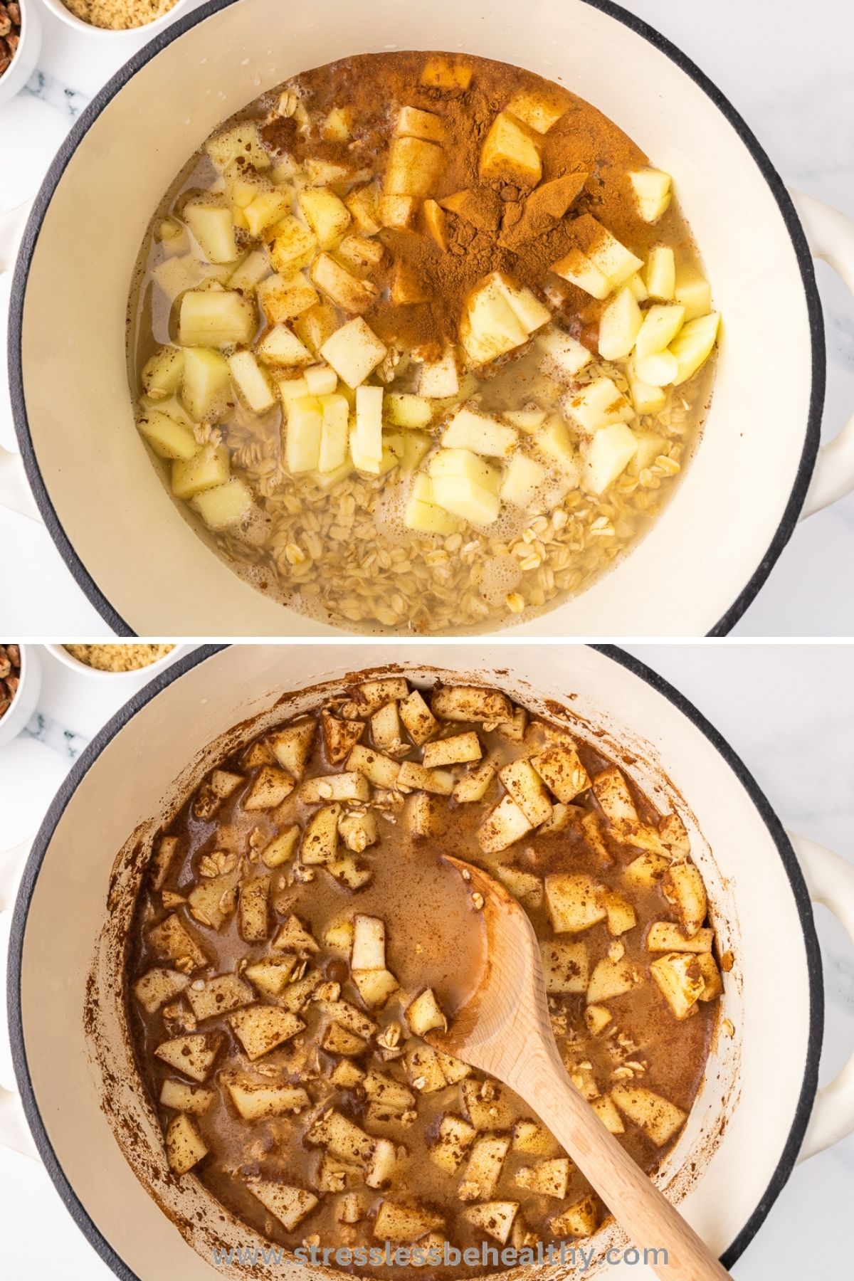 Apple oatmeal process photos, adding all the ingredients in one photo and then it stirred in the next.