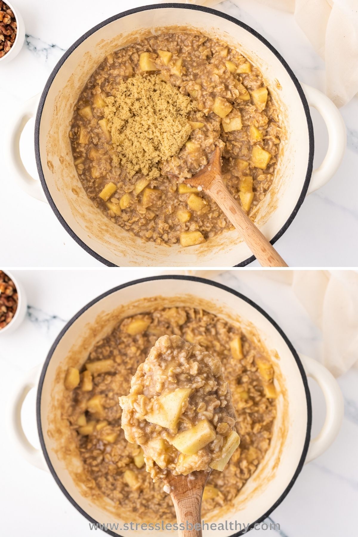 Apple oatmeal process photos, adding brown sugar to almost done oatmeal in the first photo, and all done in the second.