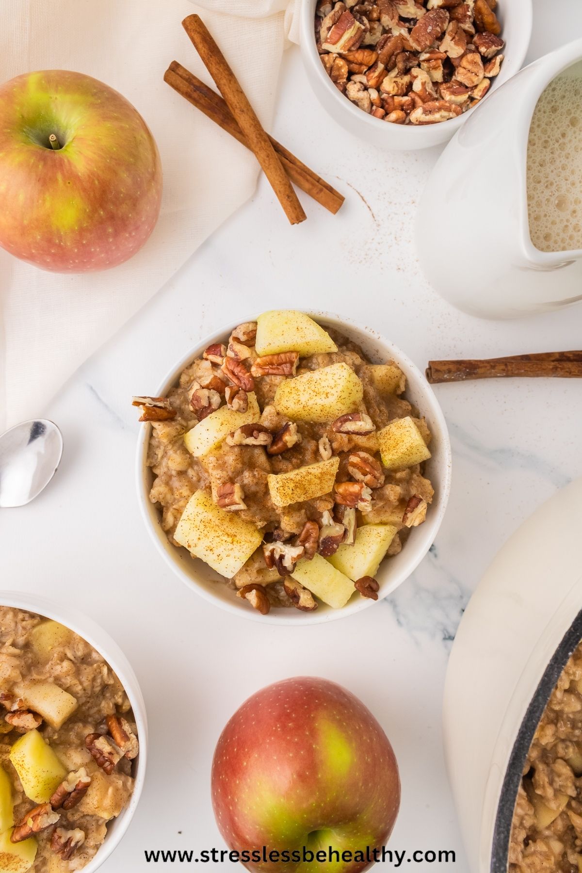 Overhead of apple oatmeal in a white bowl, surrounded by apples, cinnamon sticks, another bowl of oatmeal, the dutch oven it was cooked in and soy milk.