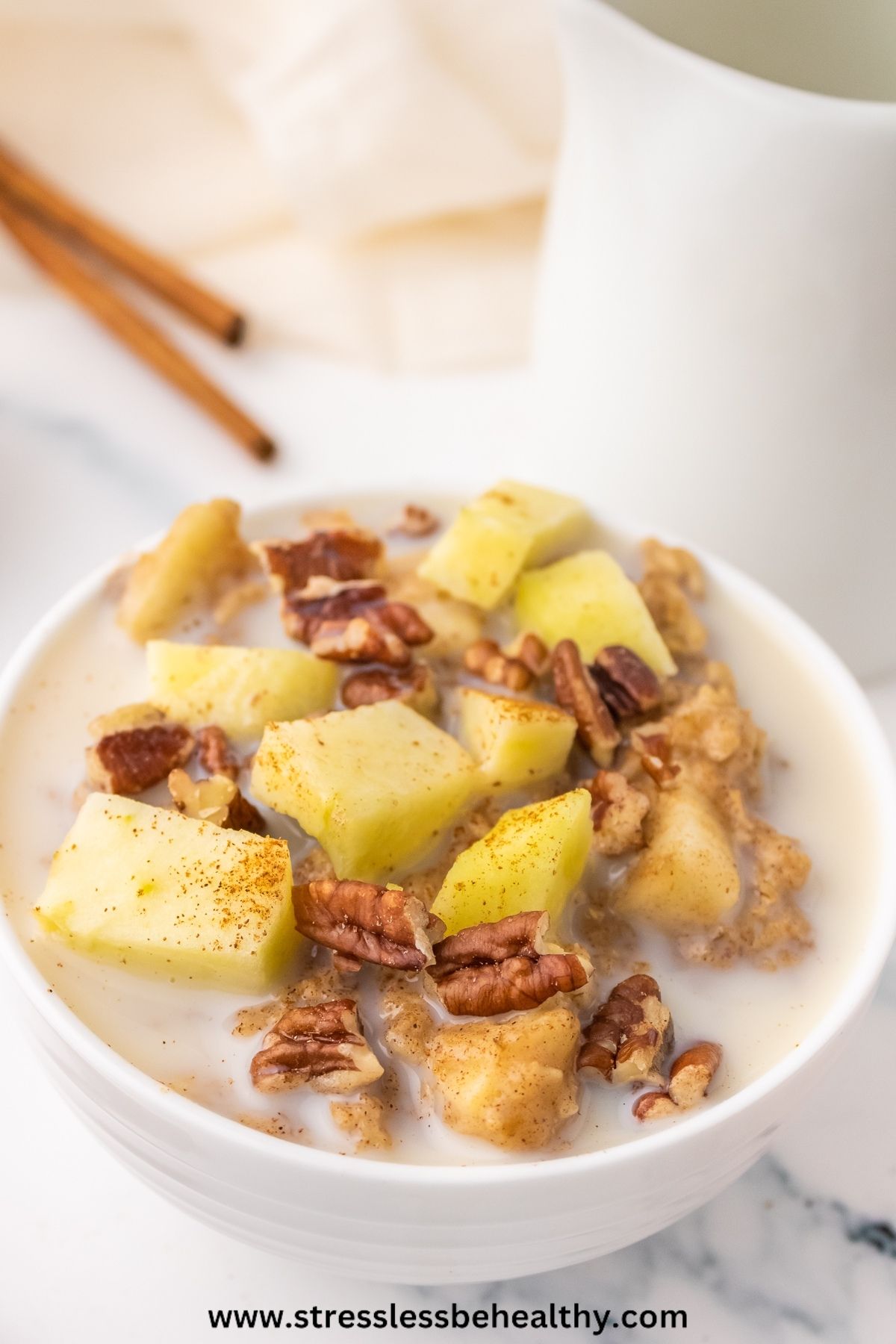 Apple cinnamon oatmeal with non-dairy milk and pecans in a white bowl.