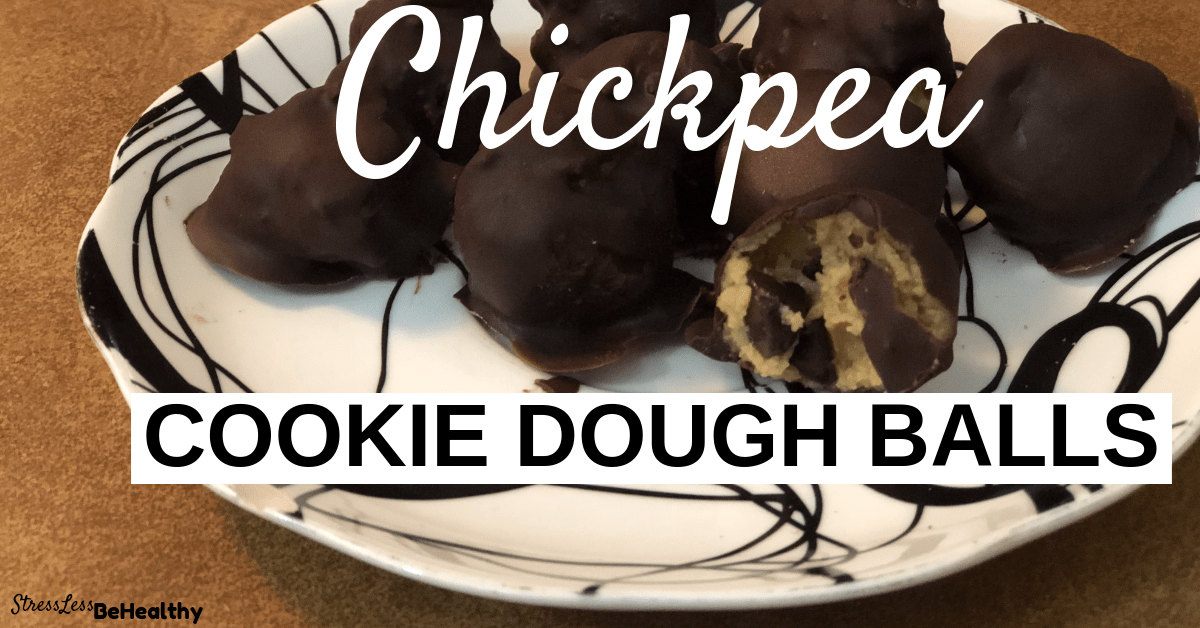 Looking for delicious and healthy chocolate chips cookie dough balls full of protein? These are gluten free, vegan, no bake, and kids love them! #chickpea #chickpeas #cookiedough #peanutbutterballs #veganrecipes #stresslessbehealthy