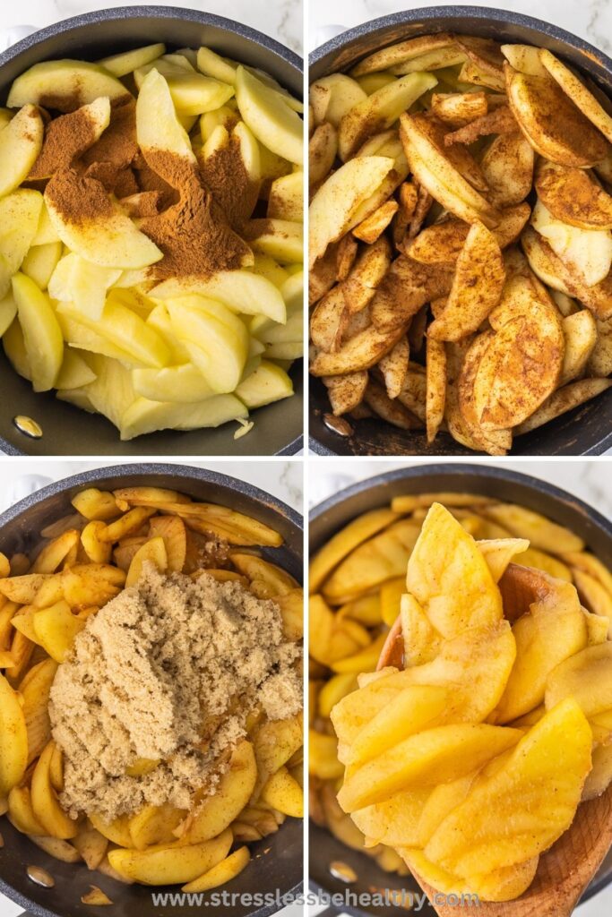 4 images showing the process of cooking apples on the stove.