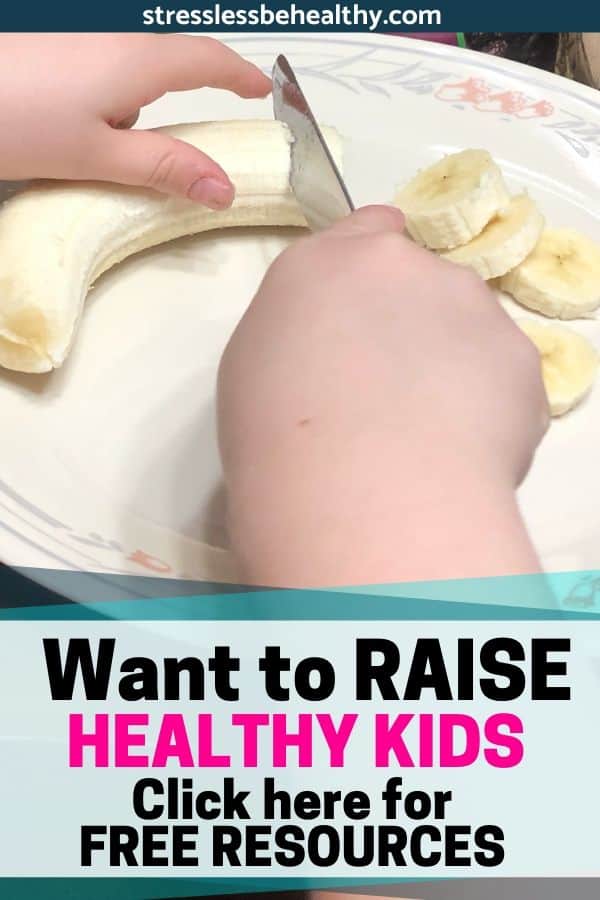 healthy kid freebies, little kid cutting banana with knife by self