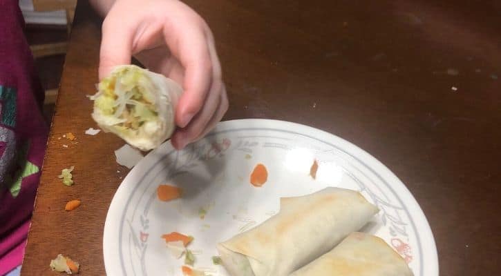 young girl holding vegan spring rolls, teach kids to cook, healthy kid resources for free