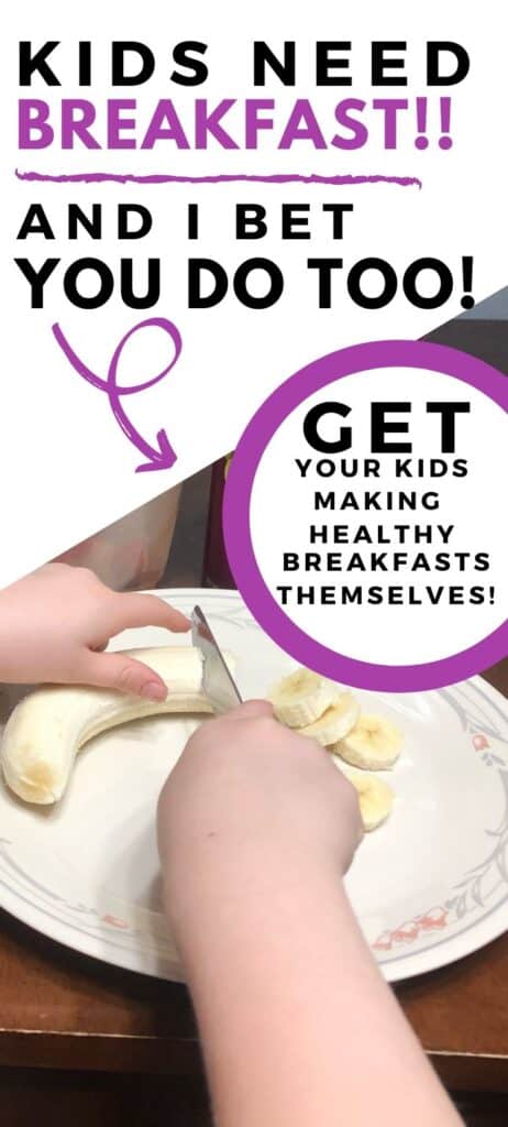 child making their own breakfast, slicing banana by themselves