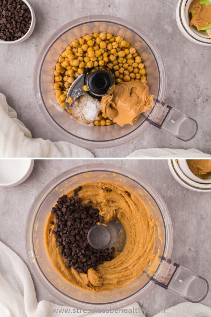 2 photo collage of the process of making Chocolate Chip Chickpea Cookies, in a food processor, then blended with chocolate chips just poured in.