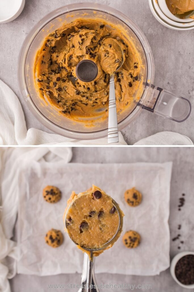 Chocolate Chip Chickpea Cookie process image collage with 2 photos, the first with the chocolate chips stirred in, then with a some dough in a cookie scoop.