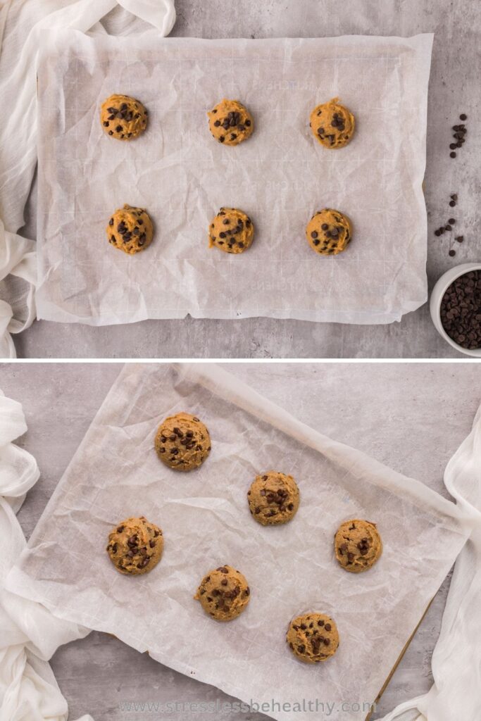 2 image collage of Chocolate Chip Chickpea Cookie on a cookie sheet, before and after baked.