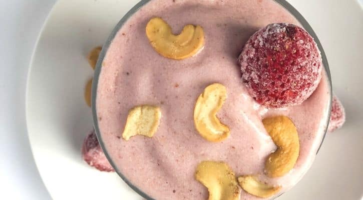 healthy kid snacks, strawberry cheesecake smoothie, healthy smoothie, smoothie for kids, vegan cheesecake smoothie