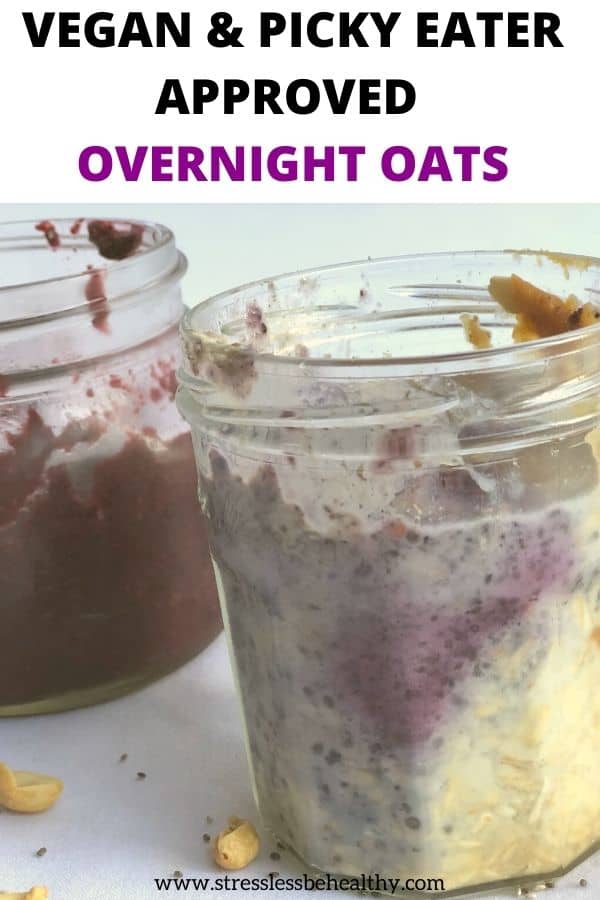 You and your kids are going to love this easy pb&j overnight oats recipe! Super simple and quick to make ahead this picky eater breakfast for busy mornings where you don't have time to make anything. Vegan and delicious oats.