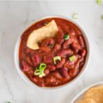 Easy vegan chili in a white bowl.