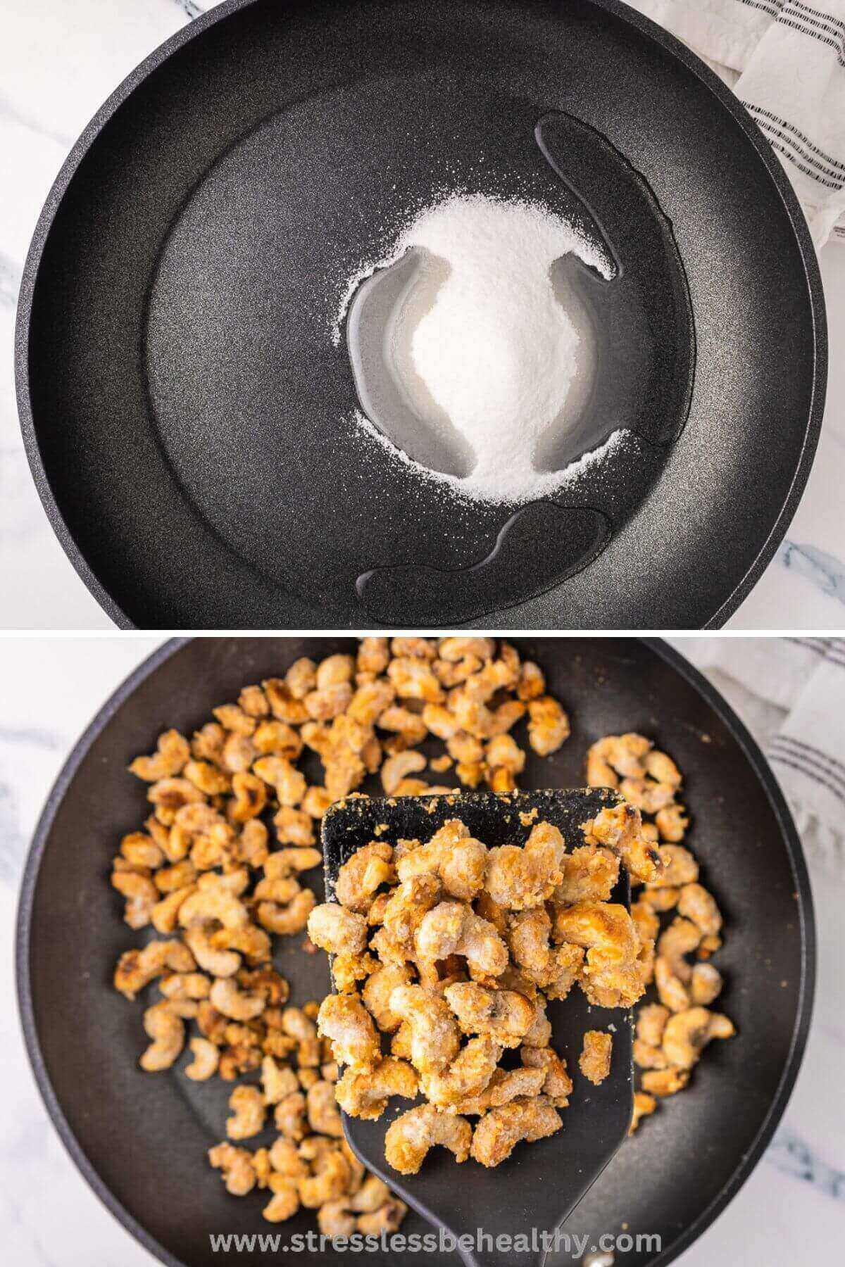 Two photos showing the cooking process of candied cashews on the stove. First image is water and sugar, second picture is with cashews added and coated in the sugar.