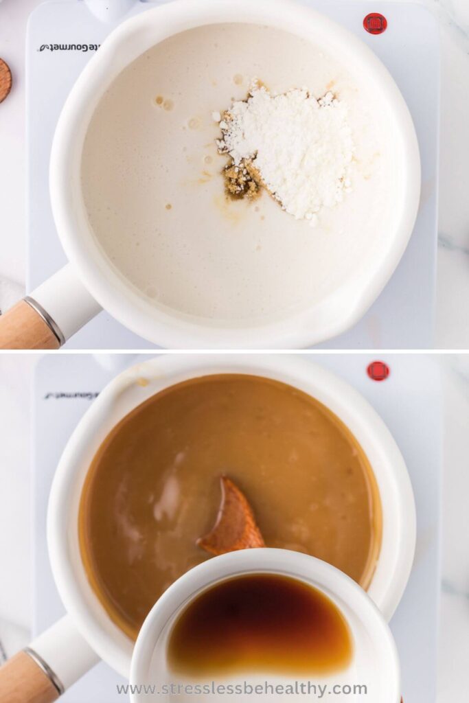 Two photos showing the process of making vegan caramel sauce; adding the coconut milk, sugar, and cornstarch, and then adding in the vanilla.