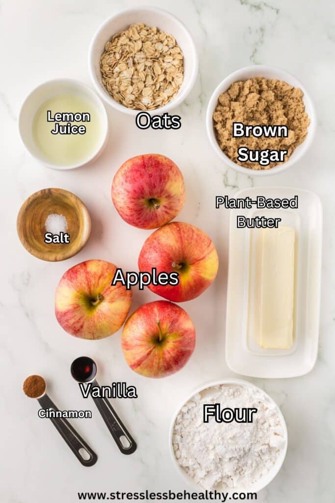 Vegan Apple Pie Bars ingredients laid out on a white marble countertop.