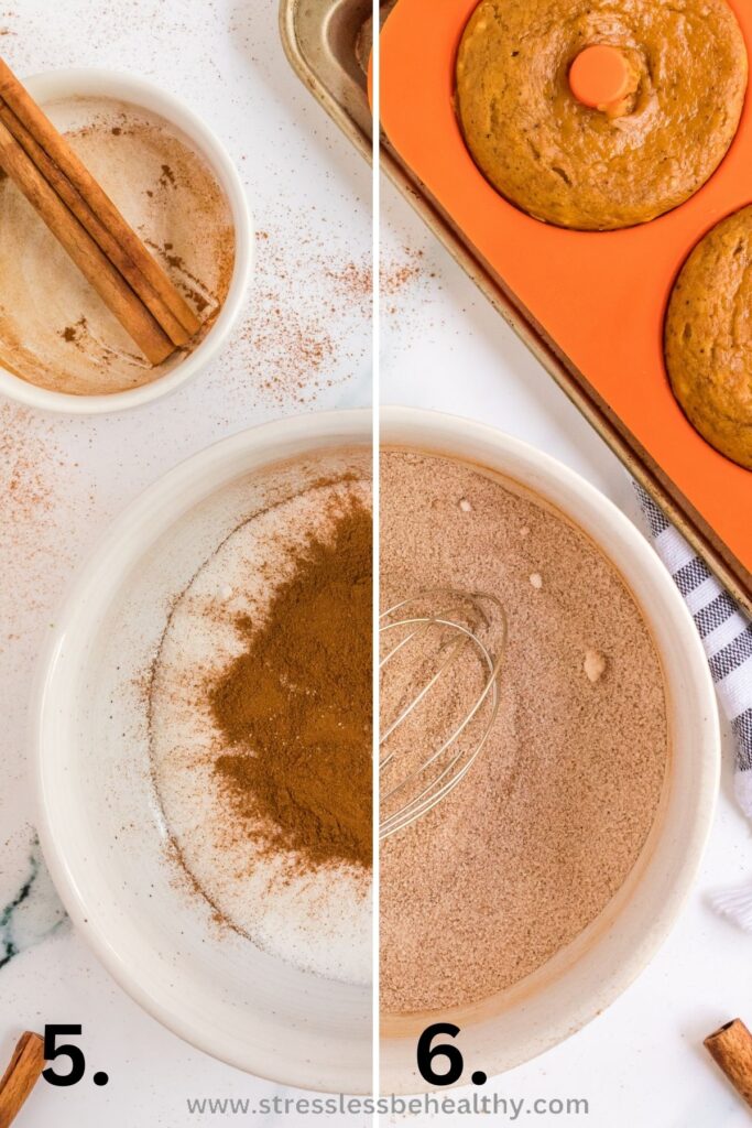 2 picture collage with cinnamon and sugar in a bowl for the first image, and then mixed together in the second image.