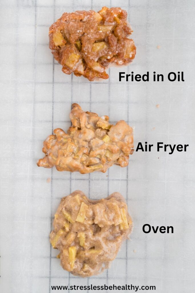 Vegan apple fritters made three different ways. 3 apple fritters showing what they look like when fried in oil, air fried, and baked in the oven.