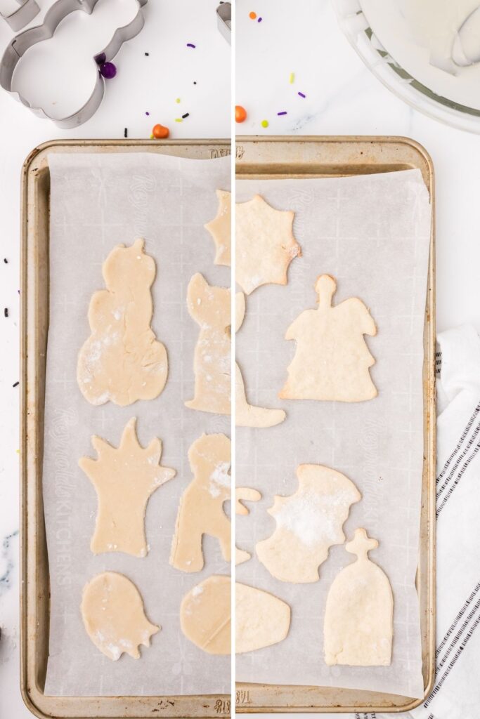 2 photo collage of the process for making vegan halloween sugar cookies, first photo is the cookies on a tray not baked, second is of them baked.