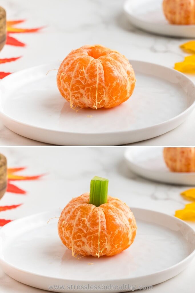 2 collage process photos for making clementine pumpkins. First image is of a peeled clementine, second photo has the celery stick in it.