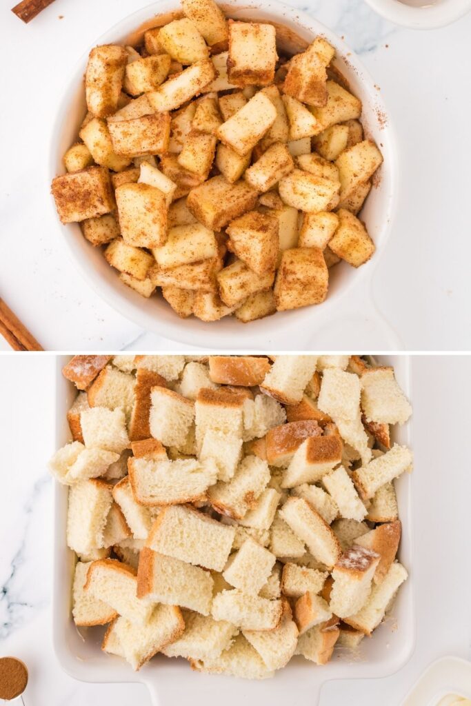 Process shots of Apple french toast casserole. First image is of the apple cinnamon mixture, the second is of the cut up bread in the baking dish.