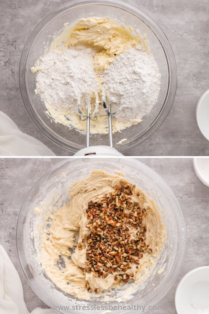 Vegan Snowball cookie process photos. First photo is of the butter beaten with dry ingredients added. Second photo is of all ingredients mixed except for the pecans, which were just added on top.