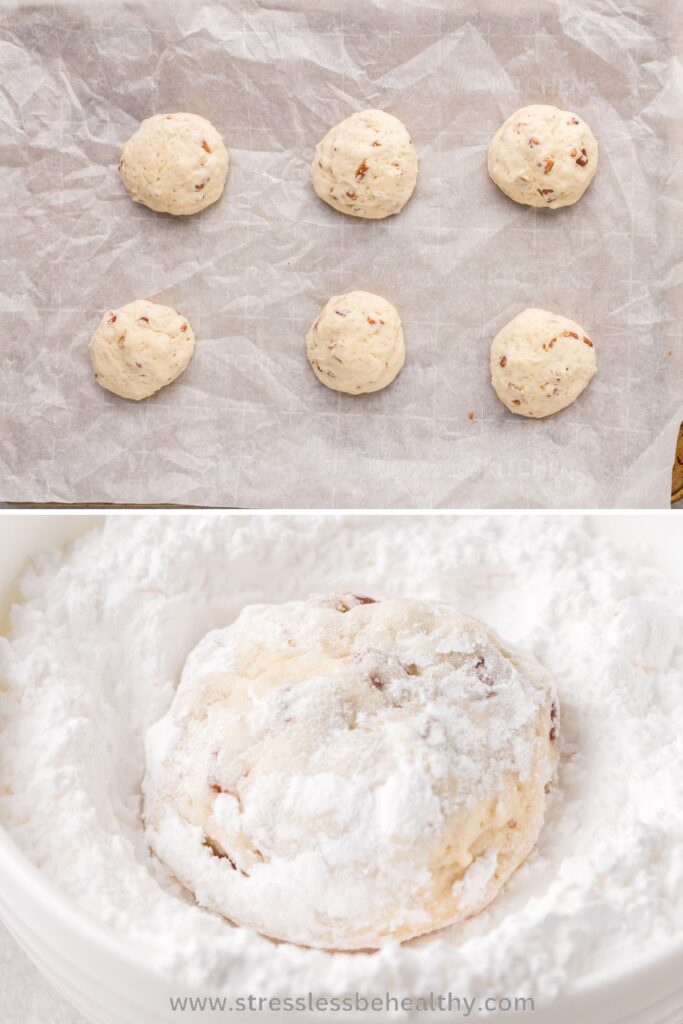 Vegan Snowball cookie process photos. First photo is of the cookies on the cookie sheet done baking. The second image is of 1 cookie in powdered sugar.
