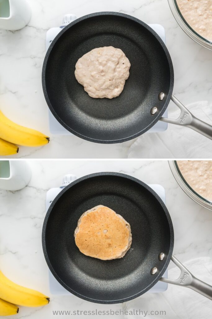 One third cup of vegan pancakes with bananas on a pan before cooked and after cooked.