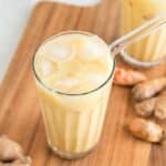 Iced turmeric latte in a glass cup.