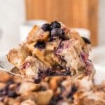 Vegan Blueberry French Toast Casserole on a spatula.