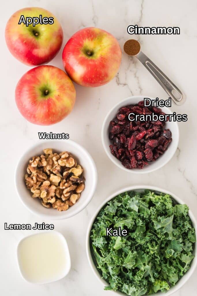 Ingredients for Kale Apple Salad on a white marble countertop.