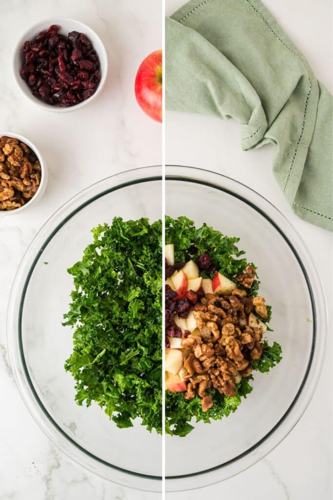2 image collage for assembling Kale Apple Salad.