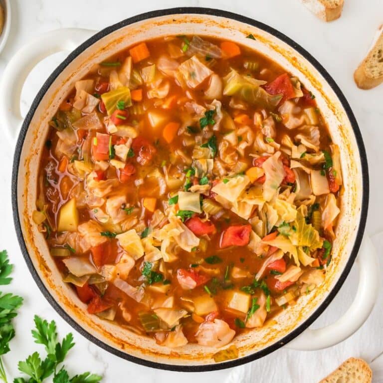 Cabbage Soup in large white dutch oven.