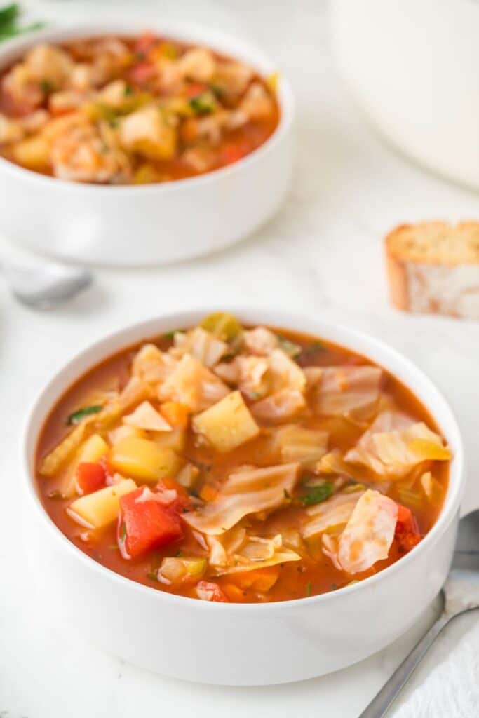 Cabbage Soup in a white bowl.