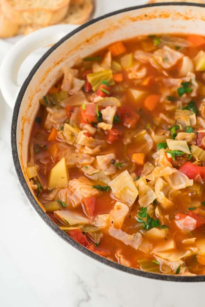 Cabbage Soup in large white dutch oven.
