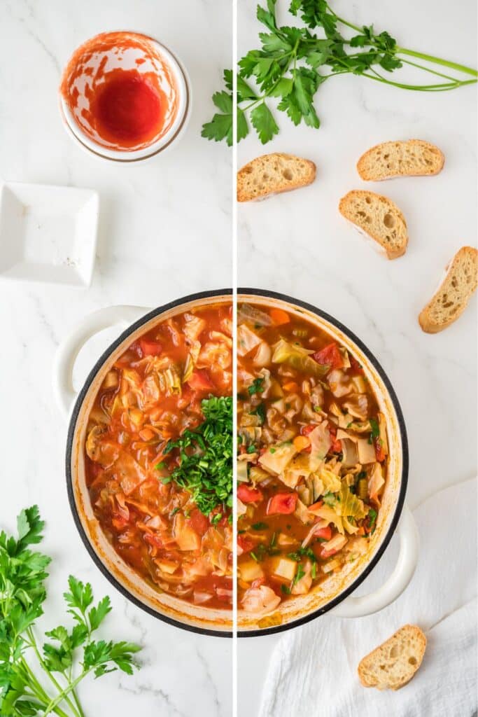 2 image collage for the process of making Cabbage Soup.