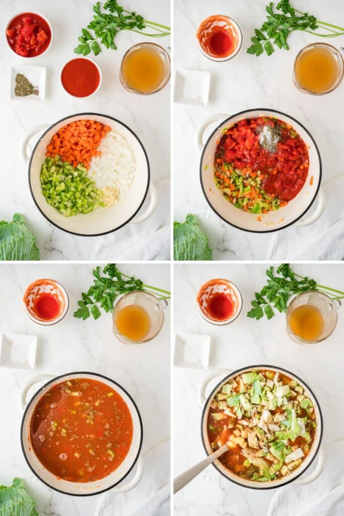4 image collage for the process of making Cabbage Soup.