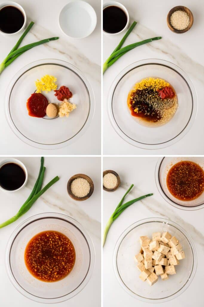 Gochujang tofu 4 image process collage, assembling in bowls.