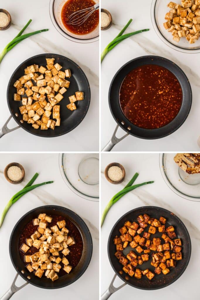 Gochujang tofu 4 image process collage, cooking on stove.